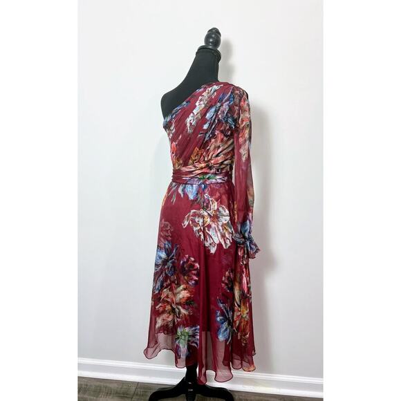 Marchesa Notte Floral Printed Cocktail Dress Burgundy Size 0 One Shoulder Lined - Picture 2 of 8